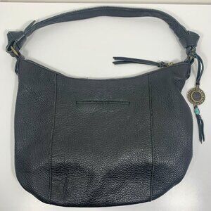 The Sak Black Pebble Leather Handbag Shoulder Bag Tote Knot Strap Bag Charm EUC